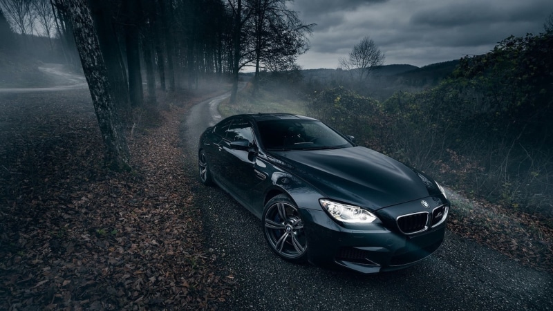 nature, forest, motor vehicle, smoke - physical structure, 1080P, transportation, black, non-urban scene, land, coupe, road, damaged, environment, BMW M6