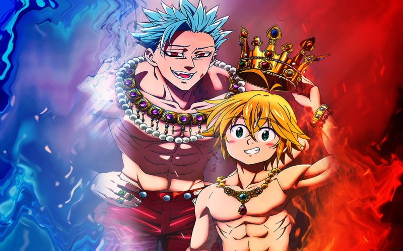 Blue Hair, Red Eyes, 720P, Crown, Anime, The Seven Deadly Sins, character, Meliodas (The Seven Deadly Sins), two, Green Eyes, digital, Ban