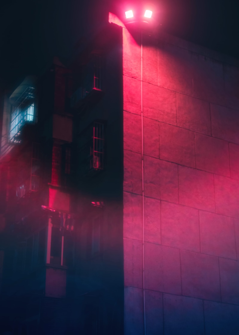 duel, city, light, laser, illuminated, outdoors, lighting equipment, metropolis, turned, urban, pink color, night, street, town, architecture, tower, street light