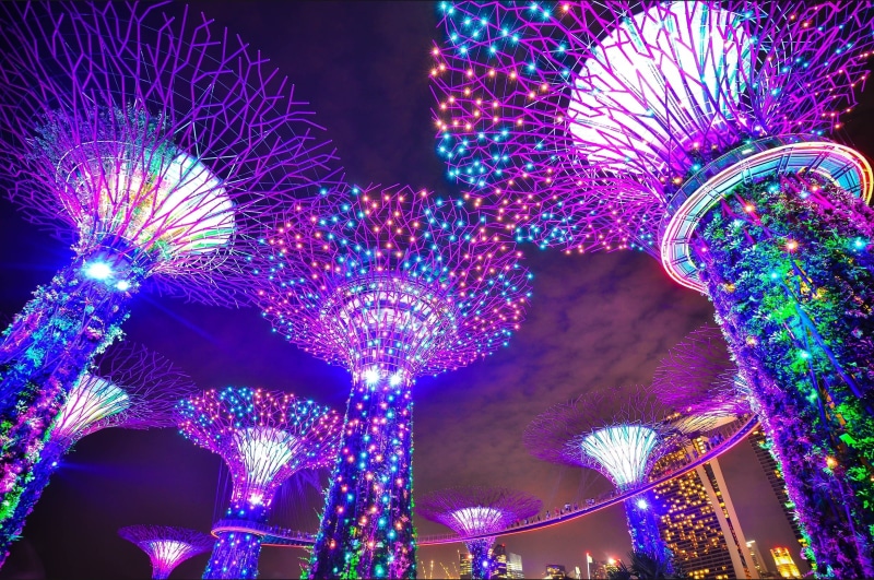 green, Lights, architecture, motion, blue, nightlife, blue, long exposure, gardens by the bay, tower, purple, 1080P, arts culture and entertainment, nature