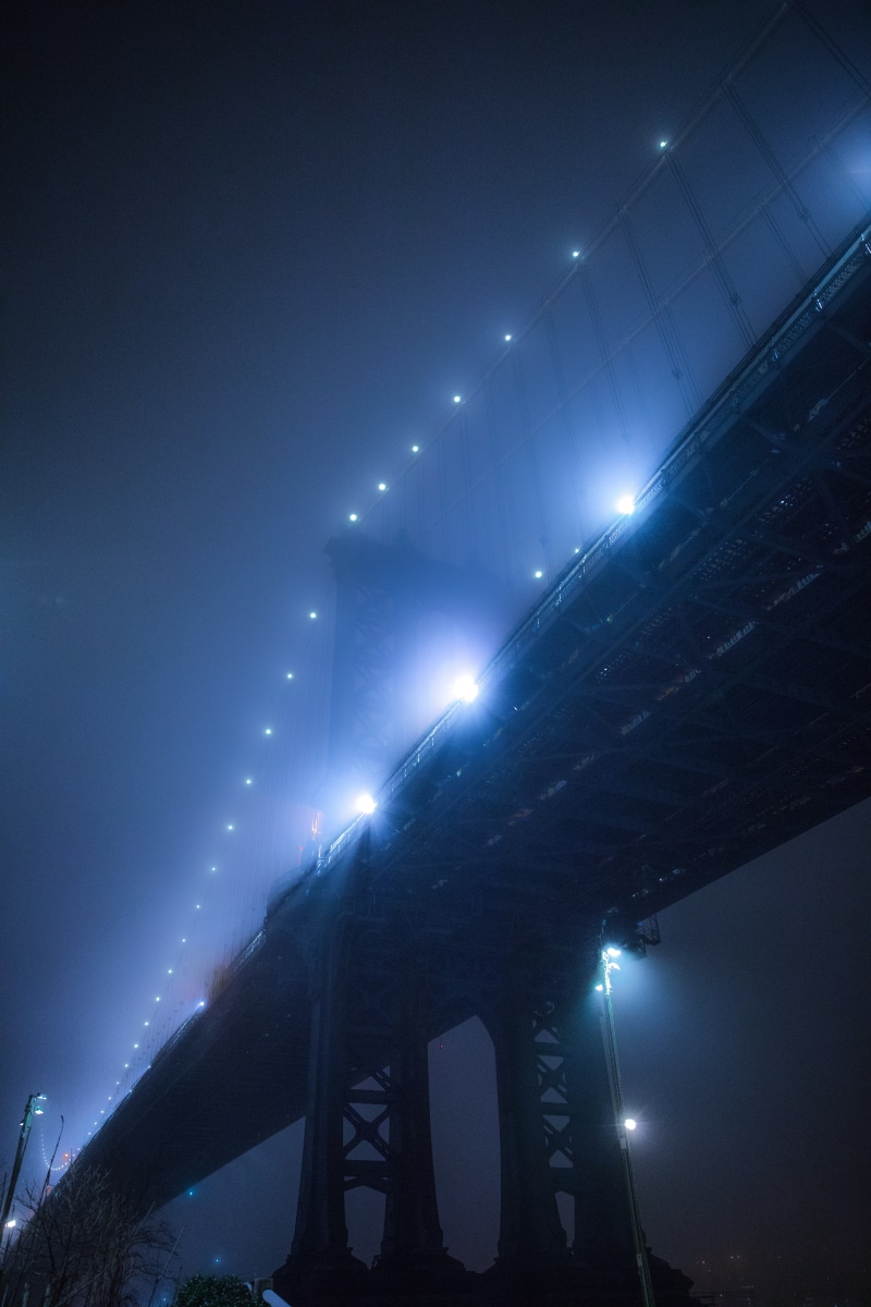 urban, mist, transportation, nighttime, sky, bridge - man made structure, night, looking up, street light, light, road, 5K, bridge, structure, suspension