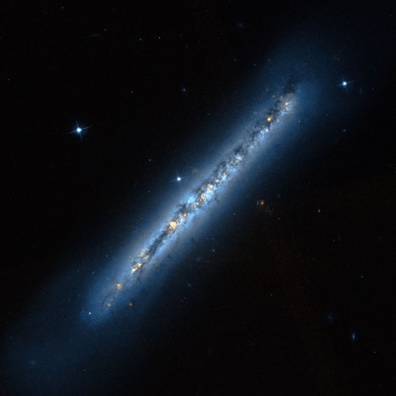space telescope, lights, galaxy, star - space, blue, space, spiral galaxy, side on view, space exploration, 1080P, outdoors, science, dark, ngc 4634, dark dust