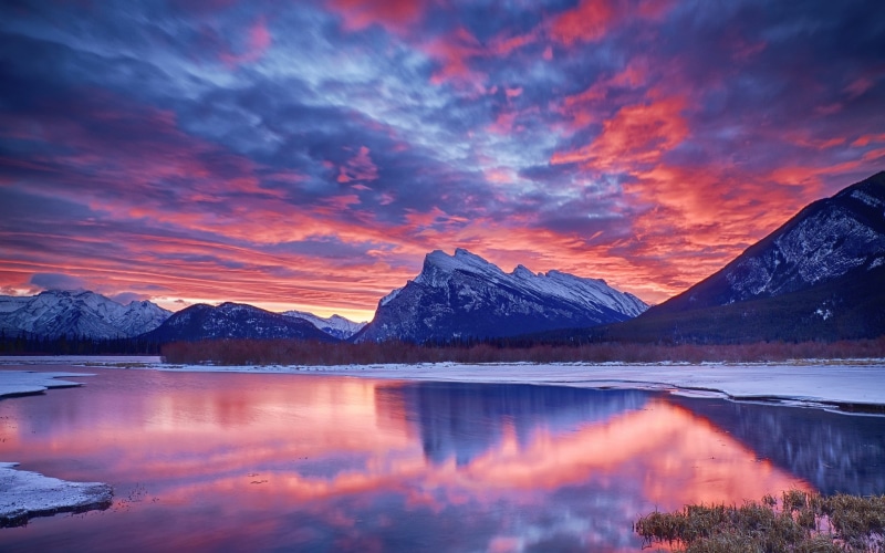Sky, Winter, Clouds, Mountain, Lake, Sunset, 1080P, Snow, Glow