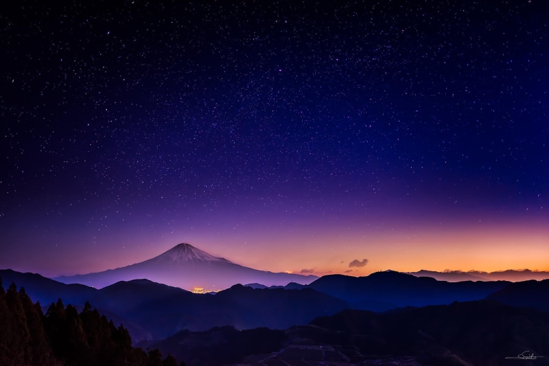 astronomy, mountains, night, mount, mountain range, tranquility, majestic, japan, idyllic, scenics - nature, fuji, environment, the sky, galaxy, space