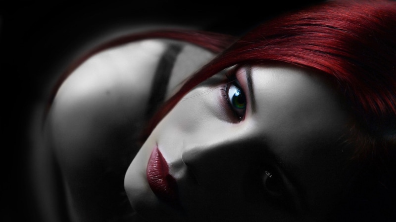 looking at camera, headshot, red, one person, dark, adult, portrait, selective coloring, beautiful woman, makeup, 1080P, gothic style, hairstyle, human face