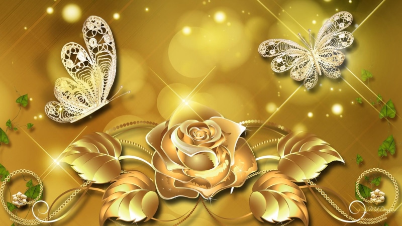 butterfly, illustration, bokeh, papillon, rose, shine, flower, yellow, stars, sparkle, golden, 1080P, background, rich, gold, fleur, glow, luxurious