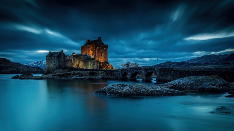 cloud, 1080P, loch, sea, landscape, scotland, sky, castle, dornie, building, eilean donan castle, water, darkness, united kingdom