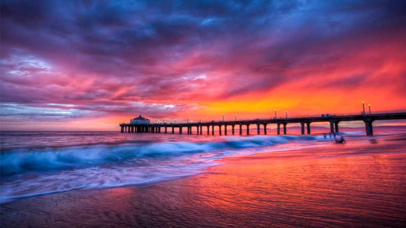 shore, pink clouds, pink sky, manhattan beach, pier, afterglow, dock, united states, ocean, usa, 4K, reflection, red sky, sea, sunset, dusk, sky, manhattan beach pier