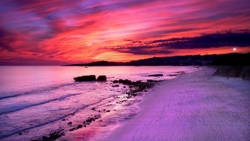 sea, coast, evening, sunset, seashore, purple sunset, pink sky, shore, purple sky, sky, purple, 4K