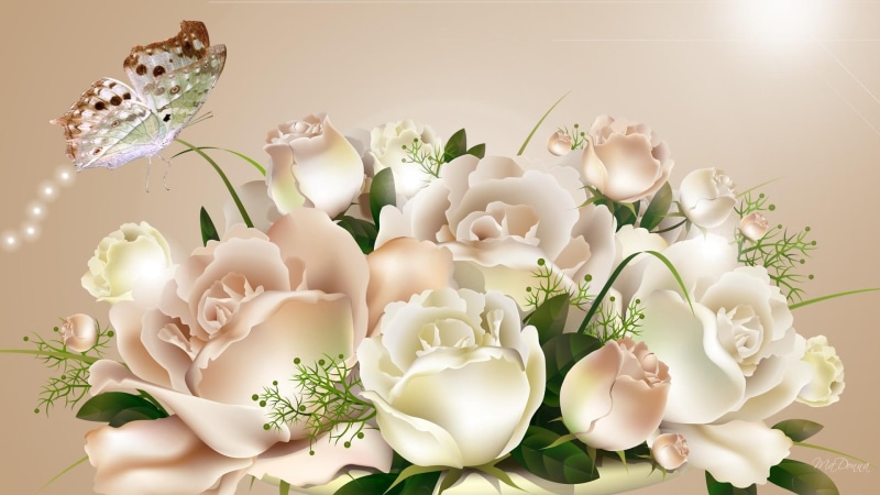 butterfly, roses, 3d and abstr, champagne, 1080P, elegant, firefox persona, glow, shine, sparkles, flowers, champage