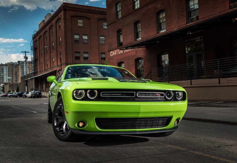 transportation, vintage car, residential district, challenger, 1080P, incidental people, land vehicle, car, city, green cars, building, motor vehicle
