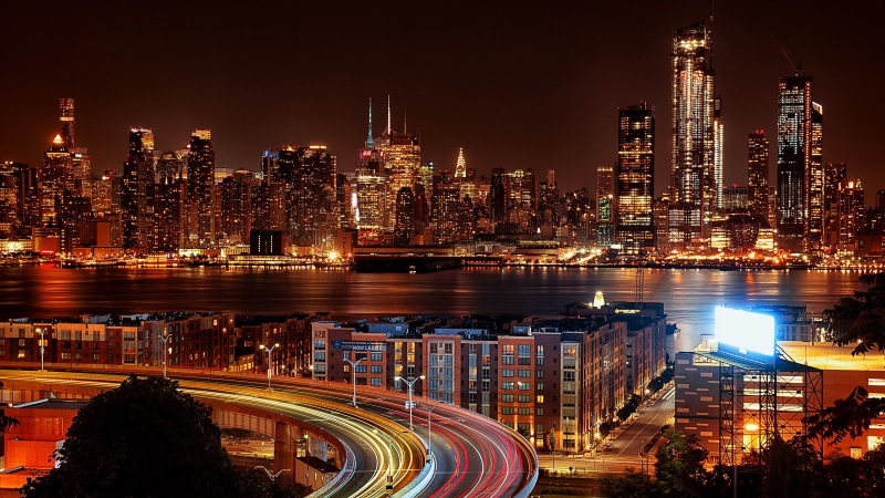 long exposure, 4K, united states, reflection, night, skyscraper, new york city, metropolis, cityscape, light trails, city, skyline