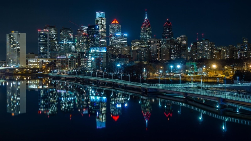 building, tower, built structure, no people, city, reflection, bridge - man made structure, outdoors, philadelphia, architecture, illuminated, united states
