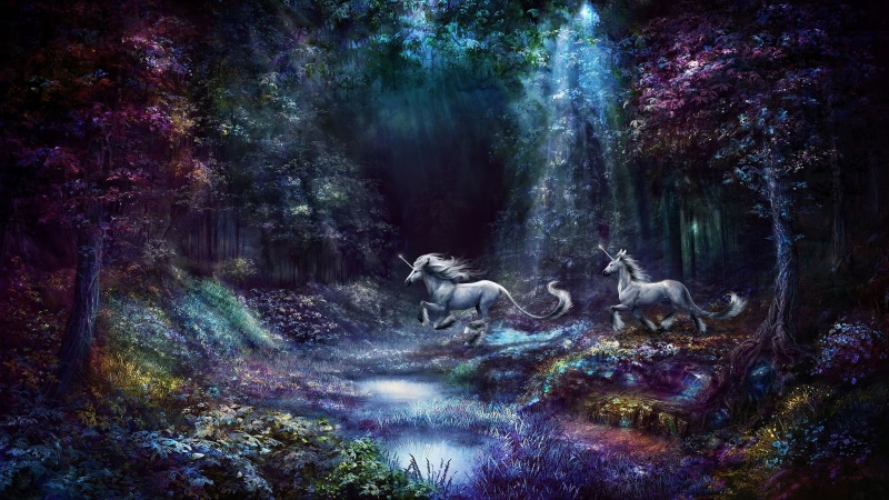 horses, trees, jump, picture, horse, art, pond, two unicorns, river, forest, stream, white, fairy forest, 1080P, flowers, fantasy, purple, tale, fabulously