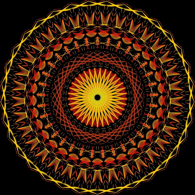 artebyspacemandala, neon, ornate, illustration, low angle view, circle, pattern, indoors, design, mandala, directly below, psychedelic, 1080P, illuminated