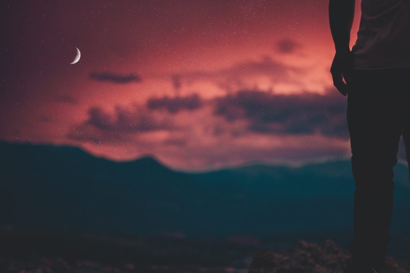 person, one Person, cloud - sky, man, mountain, scenics, lifestyles, real people, nature, moon, dramatic sky, people, looking, sillouette, sunset, tranquility