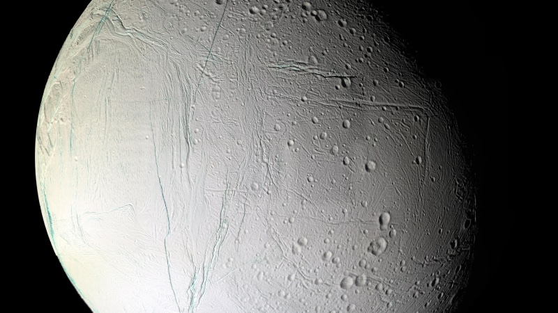 sphere, crater, cassini, satellite, science, cosmos, 5K, space exploration, 5k uhd, 5k, solar system, space, celestial body, nasa, rock, enceladus, surface