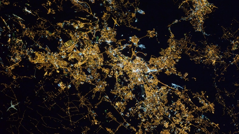 city lights, 4K, birds eye view, esa, night lights, space photography, poland, light, night, satellite imagery, katowice, city, european space agency