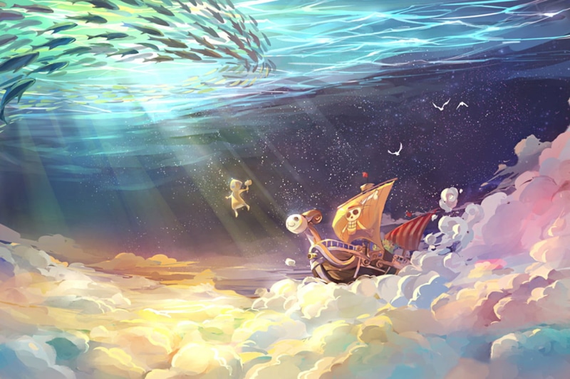 digital, animal, anime, water, going, underwater, nature, no people, illustration, piece, floating on water, 720P, day, vertebrate, animal themes, sea life
