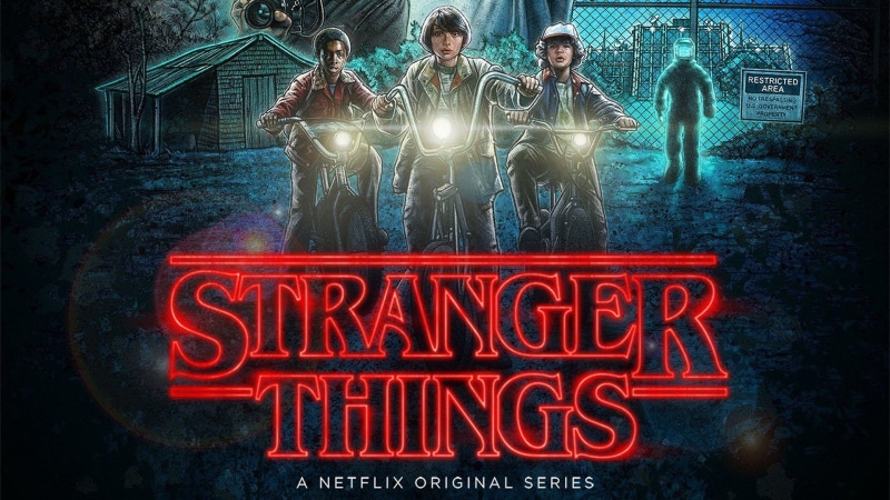 illustration, lighting equipment, males, Stranger Things, western script, group of people, architecture, sign, adult, stranger, illuminated, people, men
