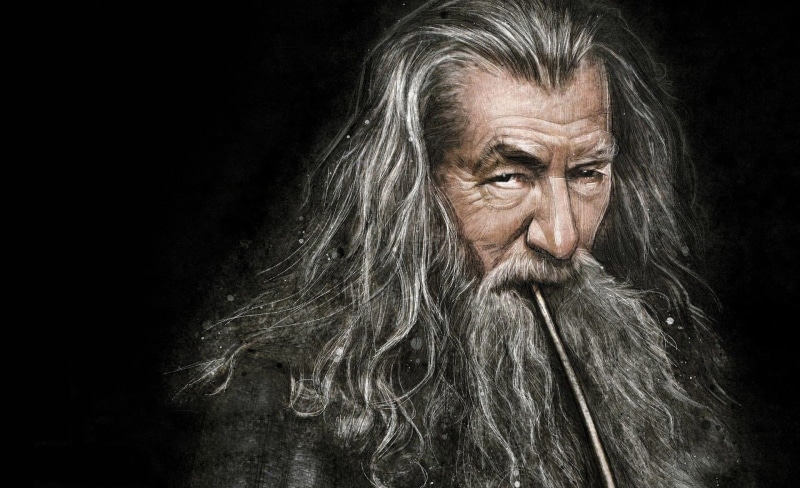 lord, Journey, pipe, emotion, Movies, Gandalf The Grey, one person, human face, black background, hopelessness, digital composite, rings, negative emotion