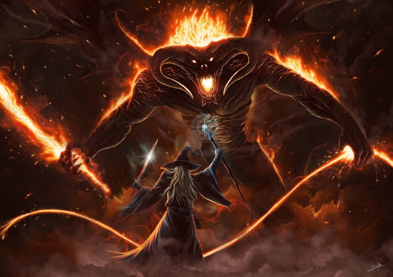 fire, sword, The Lord of the Rings, Gandalf, Balrog, fantasy art, artwork, 1080P, whips