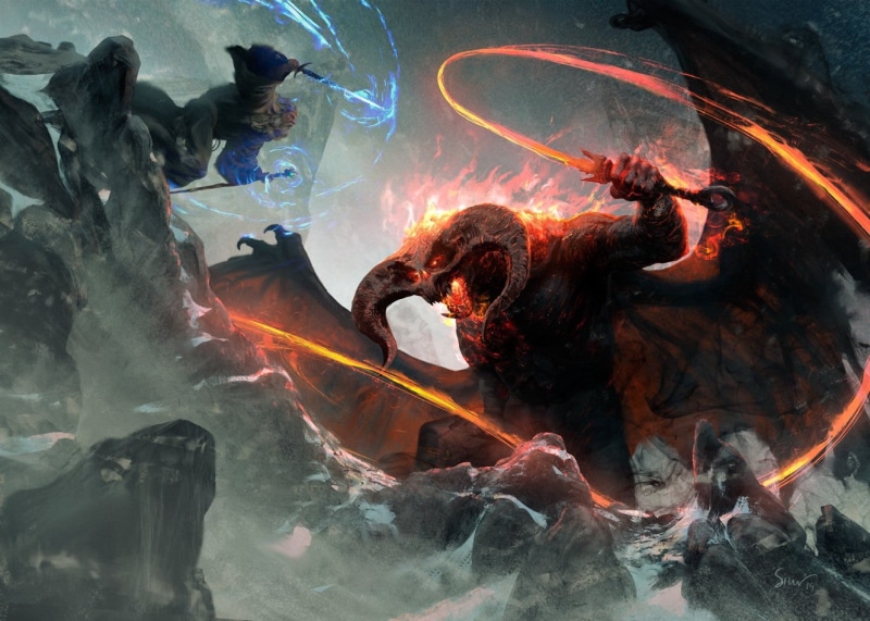 artwork, Gandalf, sword, Balrog, wings, 720P, fantasy art, whips, The Lord of the Rings