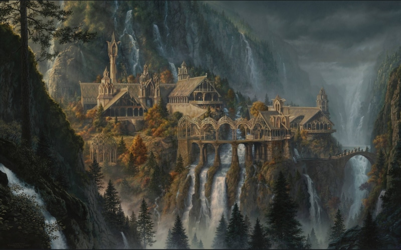fantasy, 4K, castle, cities, city, river, lord, lotr, artwork, waterfall, art, detail, rings