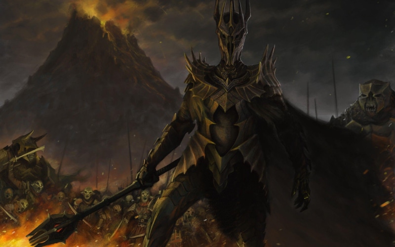 rings, volcano, near, animation, the lord of rings, artwork, 2560x1600, person, gray, sauron, 2K, metal, lotr, lord, digital art, armor
