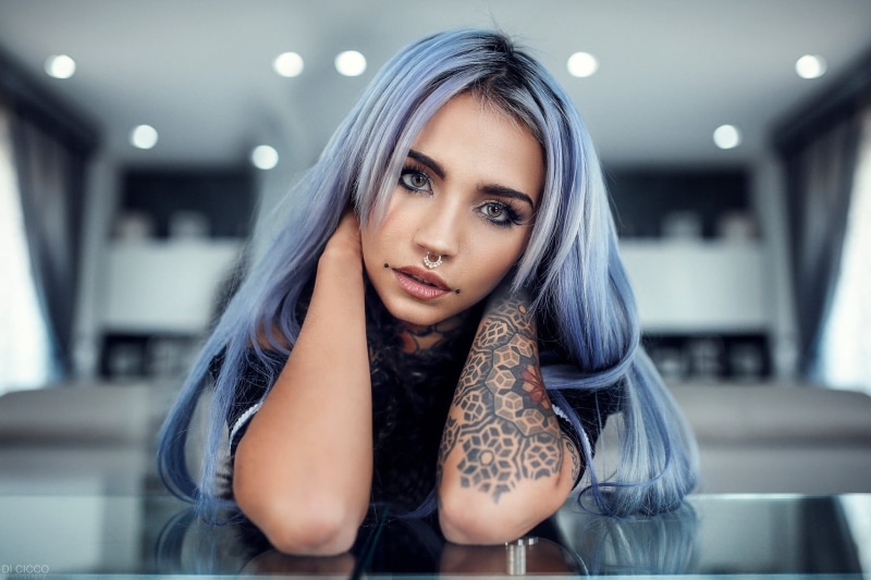 s, tattoo, lifestyles, black, 1080P, portrait, Fishball Suicide, looking at camera, top, adult, beauty, hairstyle, front view, nose rings, contemplation