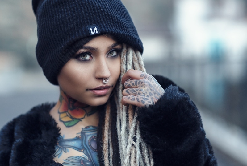 tattoo, nose rings, face, model, hat, 1080P, Fishball Suicide, looking at viewer, portrait, women