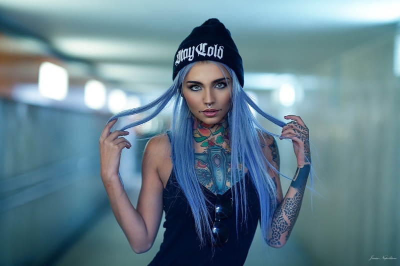 Fishball Suicide, women, eyeshadow, 1080P, long hair, tattoo, nose rings, blue hair