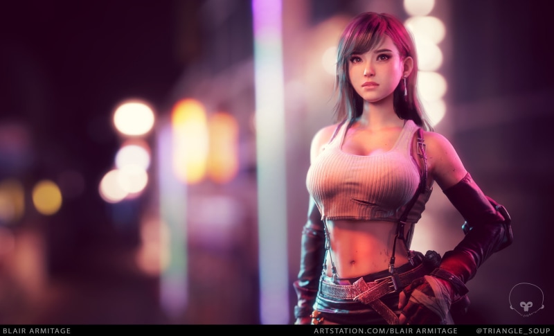 video games, Final Fantasy VII, 3D Animation, bokeh, 1080P, women, belly, digital art, painting, Tifa Lockhart, Final Fantasy, long hair, Blair Armitage