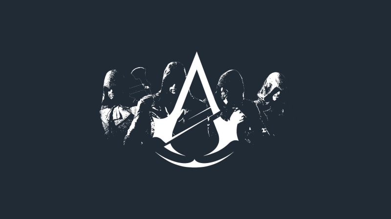 studio shot, illustration, 1080P, acoustic guitar, one person, rock music, copy space, backgrounds, Assassins Creed, symbol, black Color, musical instrument