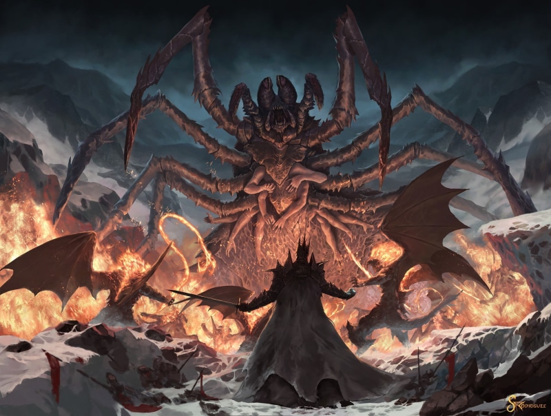 close-up, The Lord of the Rings, J. R. R. Tolkien, spider, environment, illuminated, Ungoliant, flame, fan art, fire, burning, orange color, brown, 1080P
