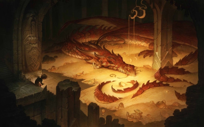 Bilbo Baggins, dragon, fantasy art, The Hobbit, gold, Smaug, The Hobbit: The Desolation of Smaug, 1080P