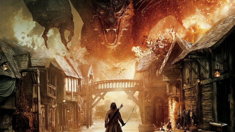 2K, building exterior, building, lifestyles, city, movies, built structure, rear view, night, street, men, leisure activity, Smaug, real people, The Hobbit: The Desolation of Smaug