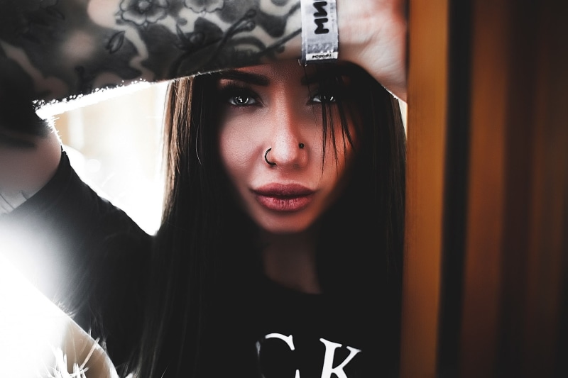 human face, women, Calvin Klein, headshot, looking, front view, close-up, indoors, beautiful woman, real people, pierced nose, nose rings, young adult