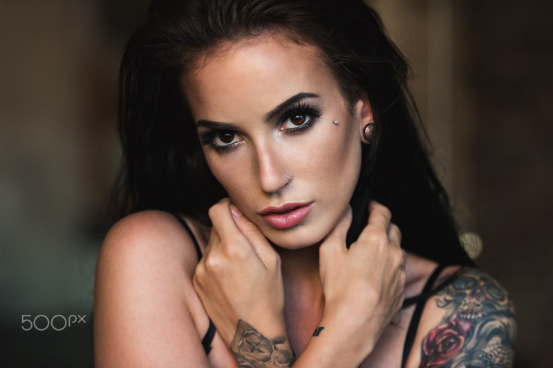 kim, fashion, front view, makeup, headshot, nose rings, indoors, model, contemplation, one person, Mark Prinz, 1080P, 500px, beauty, human body part, tattoo