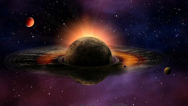 outer space, 3d, moons, sky, universe, ringed planet, space art, cosmos, 4K, planet, space, planetary ring