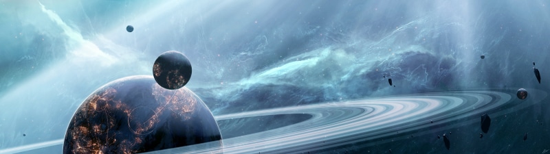 planetary rings, JoeyJazz, futuristic, 8K, nebula, space art, dual display, planet