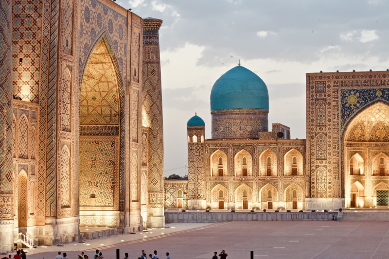 temple, arched, madrassah, travel, belief, courtyard, registan ensemble, built structure, travel destinations, place of worship, religion, ancient, sky
