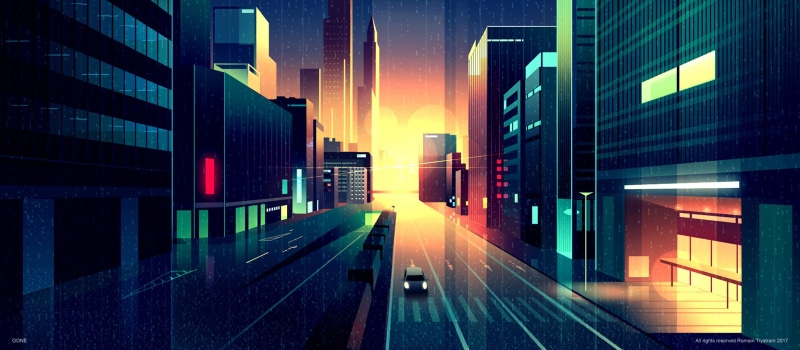 city lights, drawing, block of flats, street, 1080P, car, Romain Trystram, city, rain
