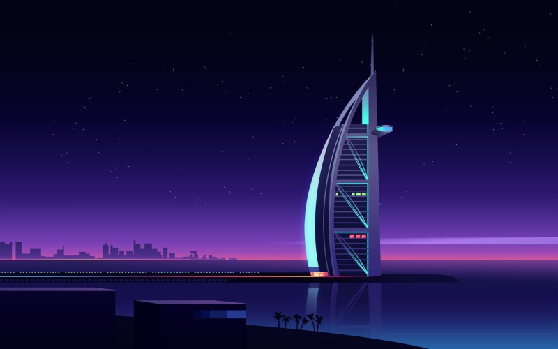 Burj Al Arab, Dubai, building, 1080P, illustration, Romain Trystram
