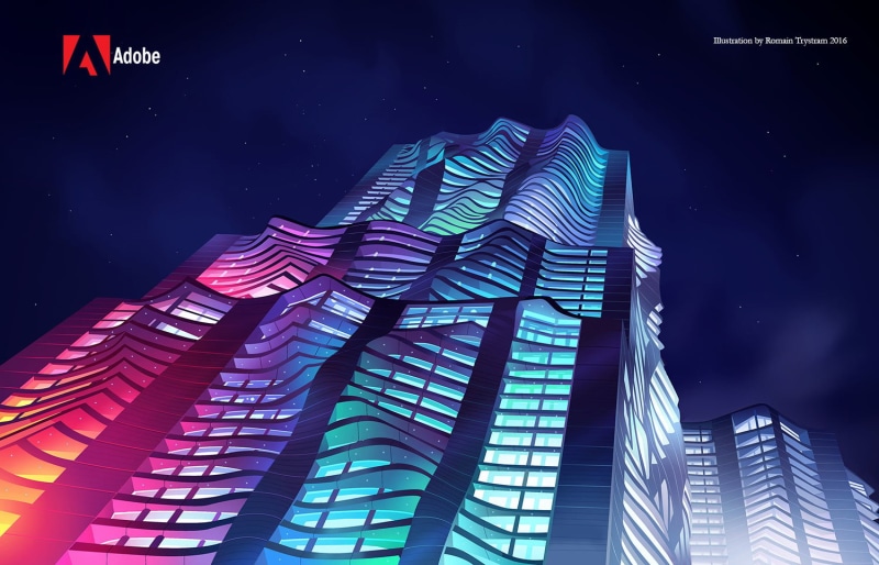 colorful, night, 720P, Romain Trystram, drawing, block of flats, glowing, wavy, stars