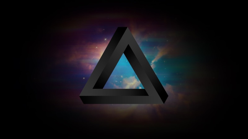 black color, Penrose triangle, studio shot, close-up, low angle view, indoors, shape, technology, black, night, copy space, triangular, sky, illuminated