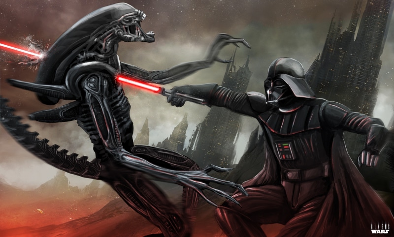 front view, fantasy art, aliens, work Helmet, Darth Vader, holding, machinery, glass - material, leather, Star Wars, power, movie, futuristic, real people