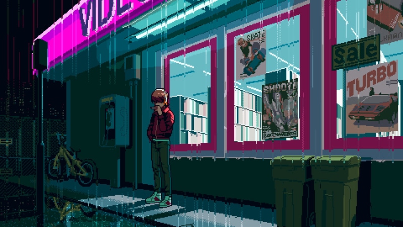 video games, 2K, Hi-Bit Studios, video game art, 1980s, Retro style, 198x, pixel art, rain