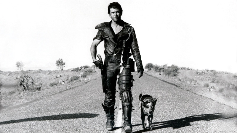 photo, man, front view, domestic animals, portrait, adult, 1980s, standing, domestic, dog, Mel Gibson, young adult, Mad Max, one person, full length, 1080P