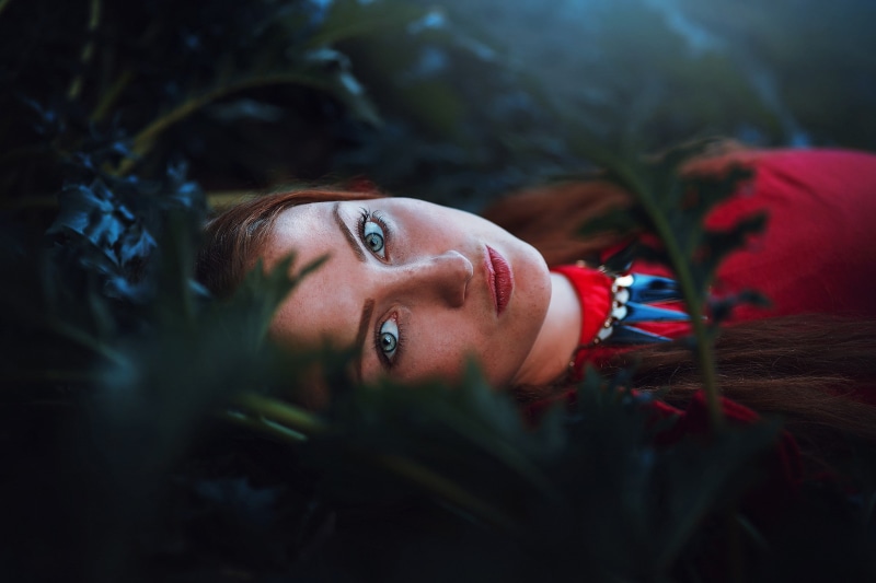 red dress, artificial lights, looking at viewer, model, women, redhead, leaves, 1080P